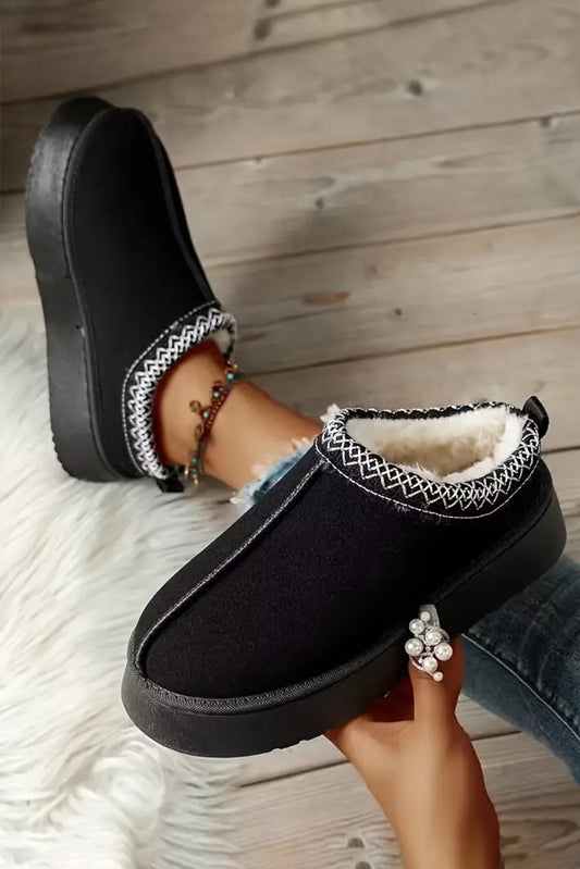 Black Suede Print Plush Lined Snow Slide In Boots