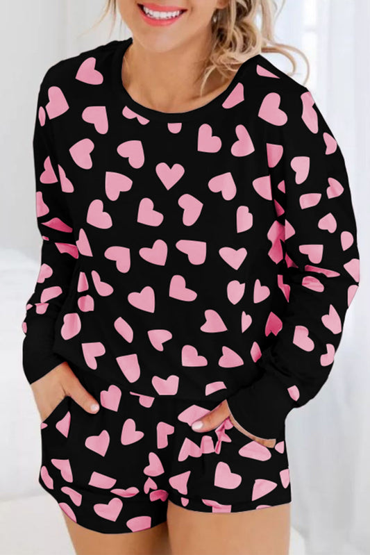 Black Valentine's Heart Shape Print Long Sleeve Top Shorts Lounge Set