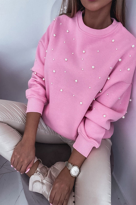 Baby Pink Pearl Detail Ribbed Crew Neck Sweatshirt